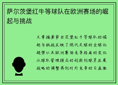 萨尔茨堡红牛等球队在欧洲赛场的崛起与挑战