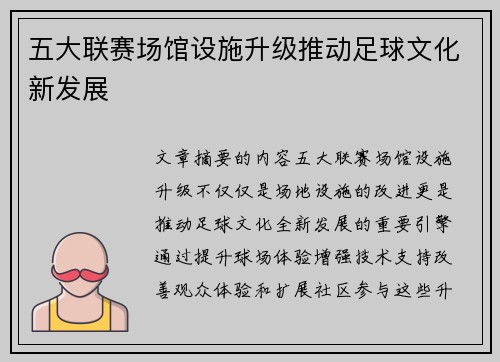五大联赛场馆设施升级推动足球文化新发展
